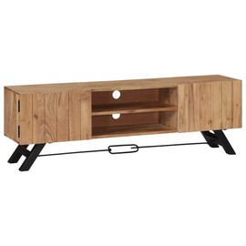vidaXL TV Stand, Solid Acacia Wood TV Cabinet with Doors, Handcrafted Rustic Wood TV Stand with Compartments, Polished and Lacquered Multimedia Stand