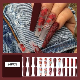 Maple Leaf Press on Nails Long Coffin Fake Nails Thanksgiving False Nails Ballerina Fall Stick on Nails Full Cover Autumn Glossy Nails Holiday Nail Decoration Accessories for Women Girls 24Pcs