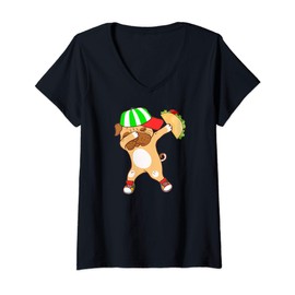 Womens Puppy Dabbing Mexican Taco Food Cute Dog Funny Bulldog V-Neck T-Shirt