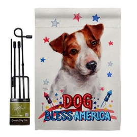 Breeze Decor Patriotic Jack Russell Terrier Garden Flag Set with Stand Animals Dog Puppy Spoiled Paw Canine Fur Pet Nature Farm Animal Creature Small Gift Yard House Banner Made in USA 13 X 18.5