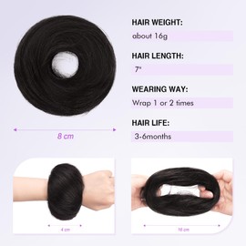 SOFEIYAN Human Hair Bun 100% Real Human Hair 16g Messy Bun Natural Tousled Stretchy Fluffy Donut Updo Elegant Chignon with Elastic Rubber Band Fake Bun Hair Piece for Women - Natural Black