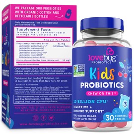 lovebug PROBIOTICS for Kids | Multi-Strain 10 Billion CFU | Constipation & Stomach Discomfort | Sugar Free | Ages 4+ | Natural Berry Flavor | 30 Chewables