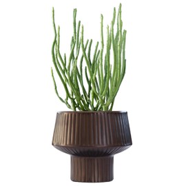 Wide Top Modern Handmade Metal Indoor Planter with Unique Shape, Vertical Grooved Design and Anti-Scratch Pads, Rust-Resistant Finish that is Sustainable Non-Plastic Pot Recyclable Metal Vase (Copper)