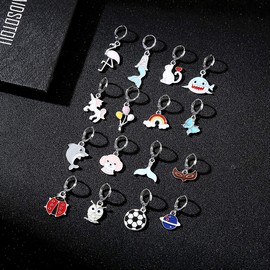 Girls Hypoallergenic Dangle Hoop Earrings Set Cute Silver Huggie Hoop Earrings with Unicorn Mermaid Charm (16 Pairs)