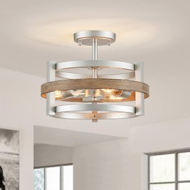 WUZUPS 3-Light Metal Drum Chandelier Imitation Wood Grain Shade Round Semi Flushmount Ceiling Lighting Rustic Farmhouse Fixture Foyer Entry Kitchen, H 9.4" x W13.8, E26 Base, Nickel