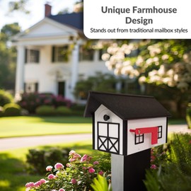 DutchCrafters Large Farmhouse Mailbox, Durable Plastic Barn Mailboxes for Outside, Post Mount Mail Box with Flag, Barnhouse Style - Amish Made in America (Black and White)