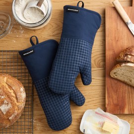 KITCHENAID Gourmet Series Gridlines Oven Mitts 2-Pack Set, Heat Resistant up to 600°F, Soft Silicone Grip, Magnetic Cuff, Ink Blue, 7"x14"