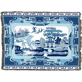Pure Country Weavers Blue Willow Blanket XL - Asian Gift Tapestry Throw Woven from Cotton - Made in The USA (82x62)