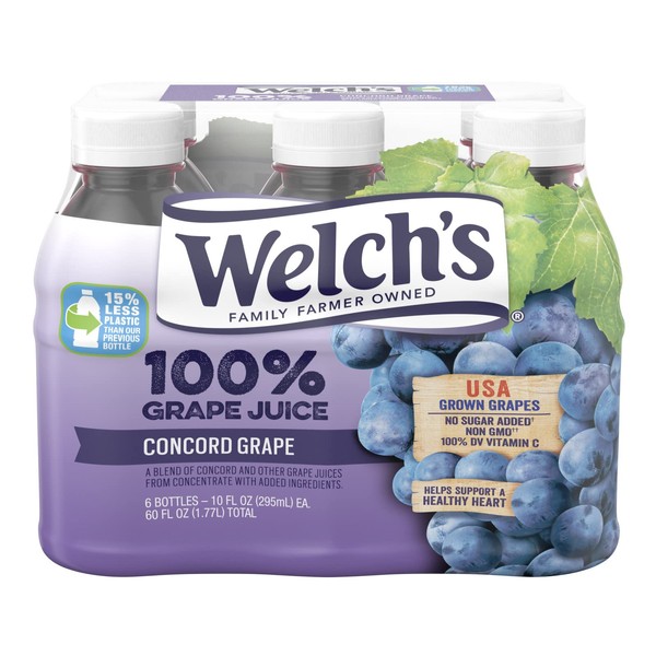 Welch's 100% Juice, Concord Grape, No Sugar added, 10 Ounce On the Go Bottles (Pack of 24)