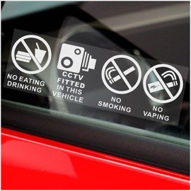 2 x VEHICLE Stickers No Eating Drinking Smoking Vaping Signs CCTV Fitted Security Protection Health and Safety Window Minicab Minibus Cab Van Bus Truck Notice Reverse 150x50mm White On Clear T3