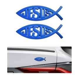 DXNQ 2PCS Jesus Fish Decal Sticker, 3D Car Decal Jesus Christian Fish Symbol Chrome Emblem, Faith Fish Stickers Religious Metal Badge Auto Decor for Truck Motorcycle Fridge (Blue)