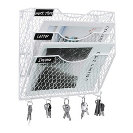 PAG Wall File Holder Hanging Mail Organizer Metal Chicken Wire Wall Mount Magazine Rack with 5 Hooks, 3-Tier, White
