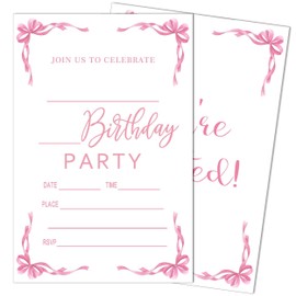 SIXEIGHT Pink Bow Birthday Invitations, Minimalist Girls' Bday Party Invites, 20 Fill-in Style Cards with Envelopes & Decorations