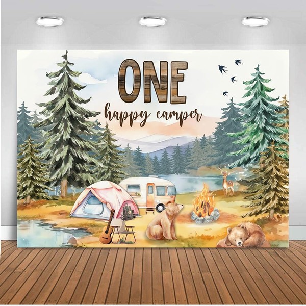 ANSHUHAI One Happy Camper Birthday Decorations One Happy Camper Backdrop