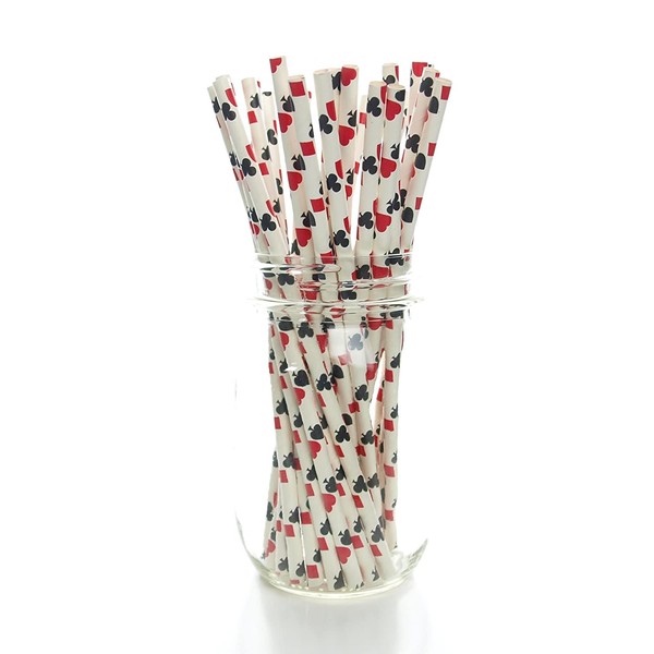 Las Vegas Game Night Casino Straws (25 Pack) - Red & Black Playing Cards Color Party Favors, Cake Pop Sticks, Gambling Polka Dot Straws - Clubs, Spades, Hearts, Diamonds Party Supplies