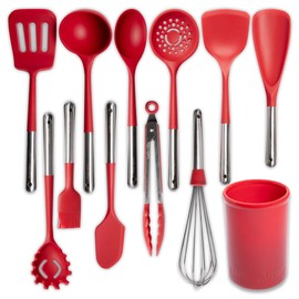 12-Piece Silicone Cooking Utensils Set | Silicone Utensils with Stainless Steel Handle and Ceramic Holder | Kitchen Utensils Set | Dishwasher Safe Set of Kitchen Essentials | Cabernet