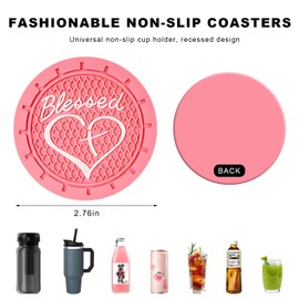 NYTKL 2PCS Car Cup Holder Coaster, 2.76 Inch PVC Anti Slip Car Cup Insert Coaster with Blessed Cross and Heart, Shockproof Dustproof Drink Mat Universal for Most Vehicles Interior (Pink)