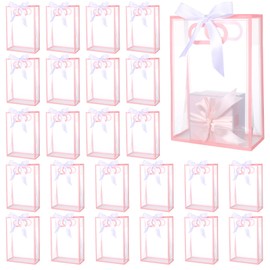 Limbeuuu 24 Pcs Clear Gift Bags with Handles 7.1"x10.2"x3.2" Plastic Party Favor Bag with Ribbon Reusable Goodie Bags Transparent Gift Wrap Bag Bulks for Bridal Wedding Birthday (Pink)