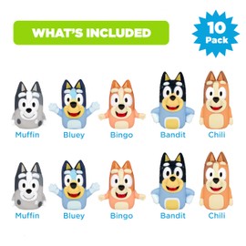 Bluey Bath Finger Puppets, 10 Pc - Party Favors, Educational, Bath Toys, Story Time, Beach Toys, Playtime, Stocking Stuffer