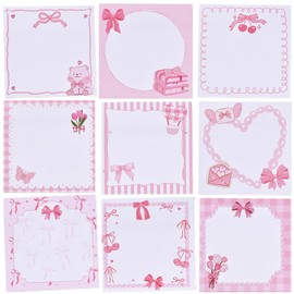 SOFPLATE 9 Styles 450 Sheets Sticky Notes Set Pink Self Stick Notes Bulk 3 X 3 Inch Square Cute Kawaii Cartoon Sweet Bowknot Flower Cherry Sticky Pads for Office School Birthday Party Favors Supplies