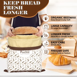 Beeswax Bread Bags for Homemade Bread & Sourdough, Elegant 2-Pack XL Reusable Cotton Bread Storage Bags, Beeswax Lined, Freezer Safe 17×13 in – PUCHIS