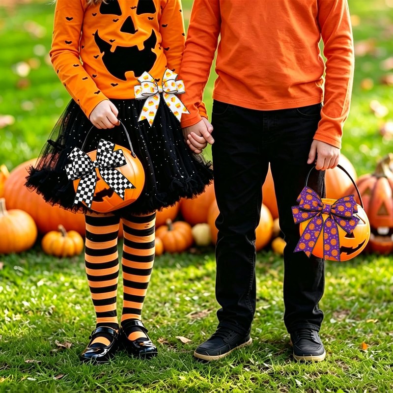 3 Rolls Halloween Wired Edge Ribbon Checkered Pumpkin Candy Corn