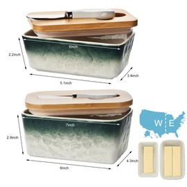 Stone Large Butter Dish with Lid for Countertop,Ceramic Butter Keeper Container with Knife Double Silicone Sealing Butter Dish with Covers for Home Decor Kitchen Gift (Gradient White Green, 7 IN)