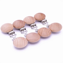 Sutoyuen 10Pcs 30mm (1.18") Natural Wood Pacifier Holder Round Beech Metal Teether Wooden Teething Beads Suspender Clips DIY Pacifier Accessories