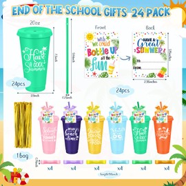 24 Packs End of The Year Gifts for Student 24 oz Summer Plastic Cups with Lid and Straw Bulk Summer Graduation Reusable Tumblers with Cards for Beach Pool Birthday Vacation Party Supplies