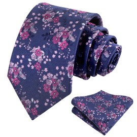Alizeal Mens 3.15inches Delicate Floral Tie with Small Flower Printed Handkerchief Set, Navy+Magenta+Pink
