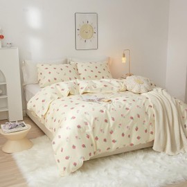 Lanqinglv Bed Linen Set, Strawberries, Girls’, Children's Microfibre Bed Linen, Cream Pink, Oeko-Tex Seal, 135 x 200 cm Duvet Cover with Zip and 1 80 x 80 cm Pillowcase