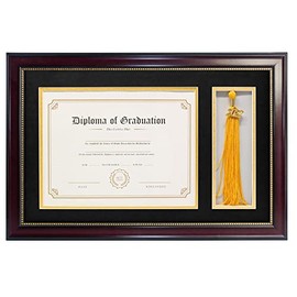 GraduatePro 11x17 Diploma Frame with Tassel Holder for 8.5x11 Certificate Shadow Box, Mahogany Gold Rim with Double Mat Black Over Gold, Real Glass