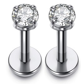 PiercingJ 2pcs 16g 316L Stainless Steel 3mm Cubic Zirconia Labret Monroe Lip Ring/Tragus/Helix Earring,8MM Bar Length