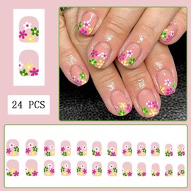 24Pcs Colored Daisy Press on Nails Short Square Fake Nails French Tip False Nails Colorful Daisy Flowers Acrylic Nails Nude Pink Floral Full Cover Glue on Nails for Women DIY Manicure Decoration
