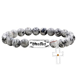 Zircobic Map Jasper Mustard Seed Blessed Stretch Cross Bracelet for Men Women - Semi-Precious Beads Religious Yoga Reiki Bracelets, Calming Healing Jewelry for Church Services Prayer Meetings SJYA4657