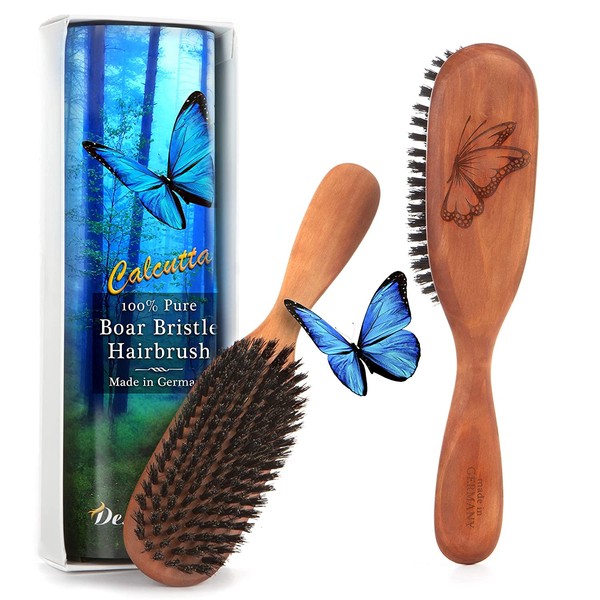 Made in Germany, Pure Calcutta Wild Boar Bristle Hairbrush, Promote Healthy Scalp, Hair Growth, Natural Shine, Conditioning, Reduce Hair Loss, for Fine or Medium Hair, Pear Wood Handle, Women, Men