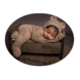 Newborn Photography Props Outfits Mohair Bear Hat and Footed Romper for Baby Photo Props Bodysuit Newborn Photo Shoot Outfits (Camel)
