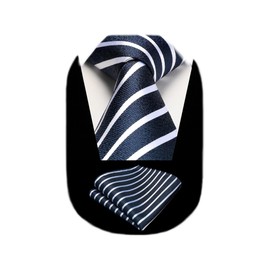HISDERN Navy Stripe Tie Handkerchief Woven Classic Men's Necktie & Pocket Square Set Striped Ties for Men Blue White Formal Tie Set Tuxedo Wedding