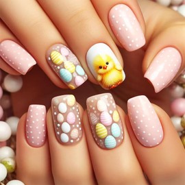 Easter Press on Nails Short Square Fake Nails Easter Egg & Cute Chick Design False Nails Nude Color Acrylic Nails Full Cover Glossy Stick on Nails for Women Girls Easter Nail Art Decoration 24Pcs