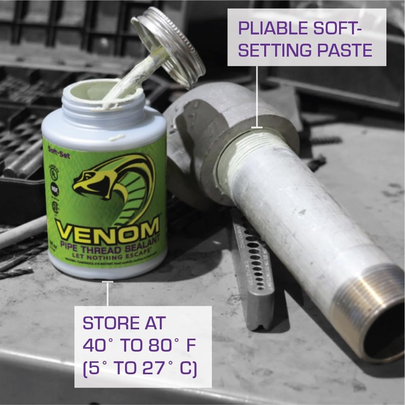 Venom Pro-Grade Pipe Thread Sealant, Soft-Set, High Viscosity, Low Odor,