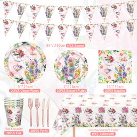 123Pcs Tea Party Decorations Tea Floral Party Supplies Floral Party Plates and Napkins Sets Flower Tableware for Tea Party Girl's Birthday Baby Shower Wedding