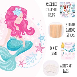 Mermaid Photo Booth Props - 41-pc Photobooth Kit with 8 x 10-Inch Sign, 60 Adhesive Pads, 45 Sticks - Mermaid Photo Props - Photo Booth Props Sea - Mermaid Photo Cutout