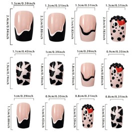 Press on Nails Medium Square Artificial Acrylic Nails 3D Red Love Heart Design French False Nails Black Glitter Rhinestones Fake Nails Full Cover Reusable Coffin Nails Glue on Nails for Women Kit