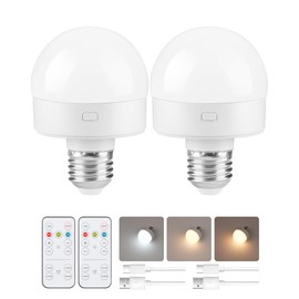GOEBLESON Rechargeable Light Bulbs with Remote Control 2 Packs, Battery Operated Light Bulbs with Timer & 3 Color Temperature, Dimmable Detachable Wireless LED Bulb for Lamp, Non-Hardwired, W01YBP206