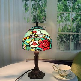 Bieye L10736 Rose Flower Tiffany Style Stained Glass Table Lamp with 8-inch Wide Lampshade, 15-inch Tall, Red