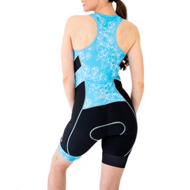 SLS3 Triathlon Suits Women – Sleeveless Trisuit Women - Premium FX Fabric, Tri Suit Womens Triathlon Suit, No Shelf Bra (Iris Blue Floral, Medium)