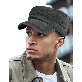 Buywis Unisex Military Cap Vintage Washed Denim Cadet Army Caps Cotton Flat Top Cap for Men Women Black