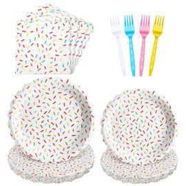 Newtay 96 Pcs Donut Plates and Napkins Party Supplies Include Sprinkles Paper Plates, 2 Ply Cocktail Napkins, Plastic Forks Disposable Tableware for Baby Shower Birthday Party for 24 Guest (Scalloped)