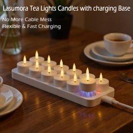 Lasumora Rechargeable Tea Lights Candles with Remote Timer & Charging Base, 12pcs Battery Operated LED Candles Tea Lights Flameless for Halloween Decorations Wedding Home DecorΦ 1.57" H 1.85"