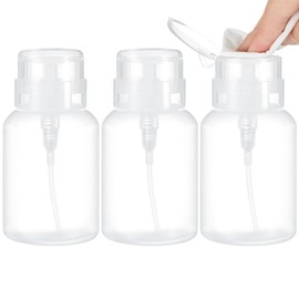 Layhit 3 Pack 6.8 oz Push Down Pump Dispenser Nail Polish Remover Pump Bottles Alcohol Dispenser Push Down Empty Dispenser Lockable Pump Dispenser Bottle with Stickers (Clear Top Cap)